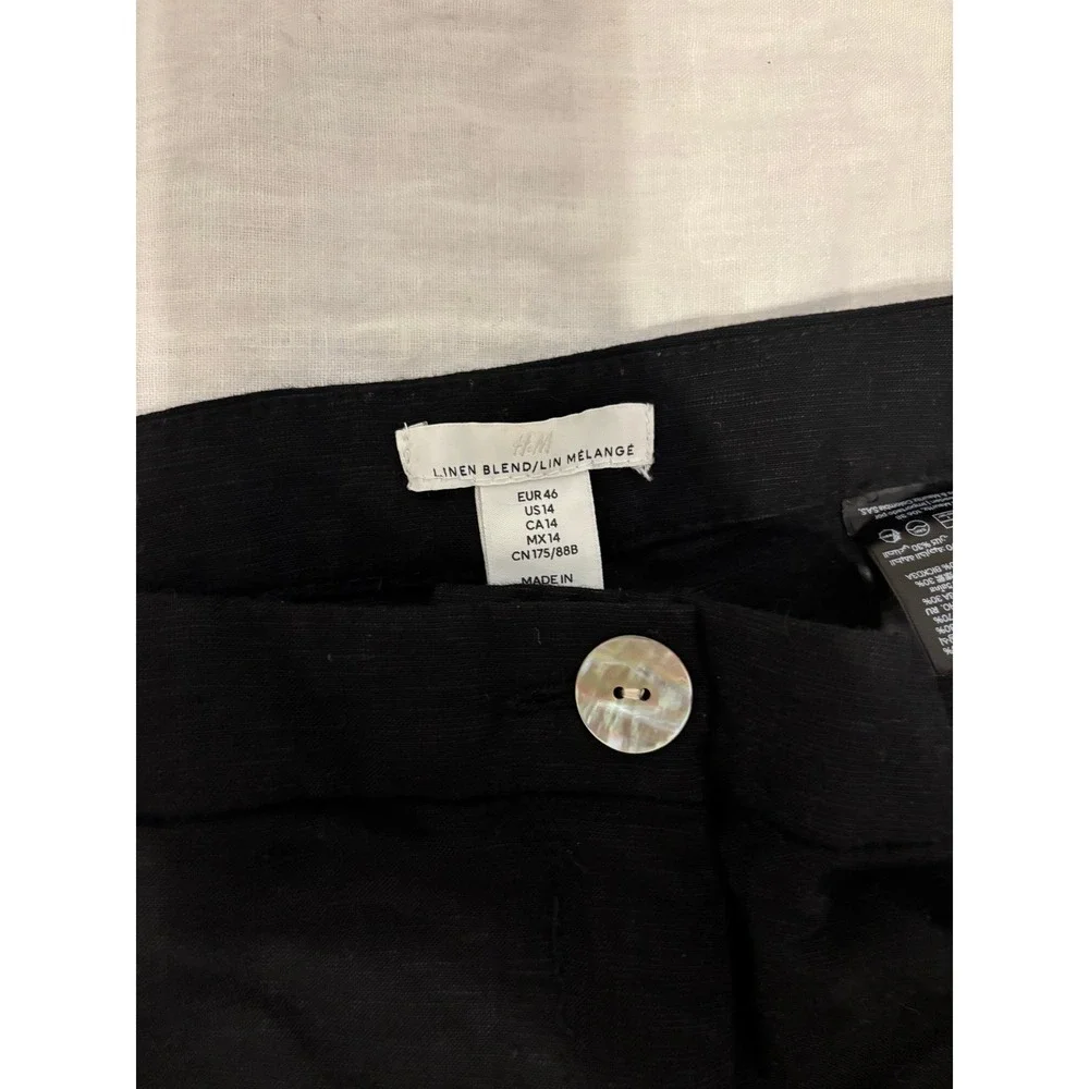 HM Black Linen Blend Wide Leg Pants High Waisted Pearlized Button Size 14